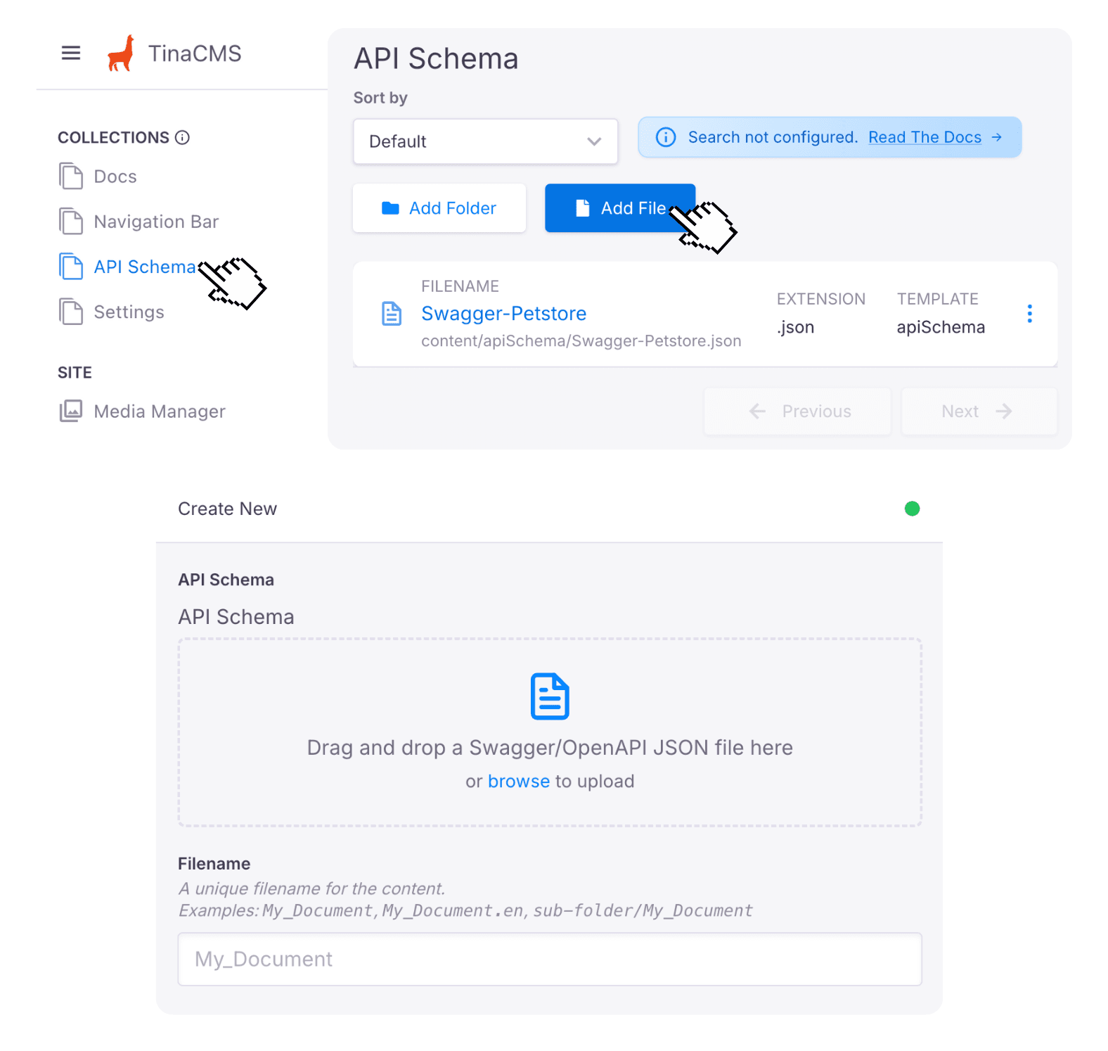 TinaCMS API Schema collection interface for uploading an OpenAPI specification